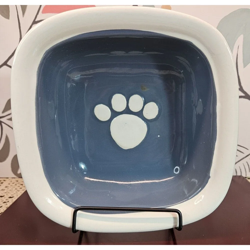 Castlemere Ceramic Dog Dish Food Water Bowl Blue w/ White Embossed Bone (read)
